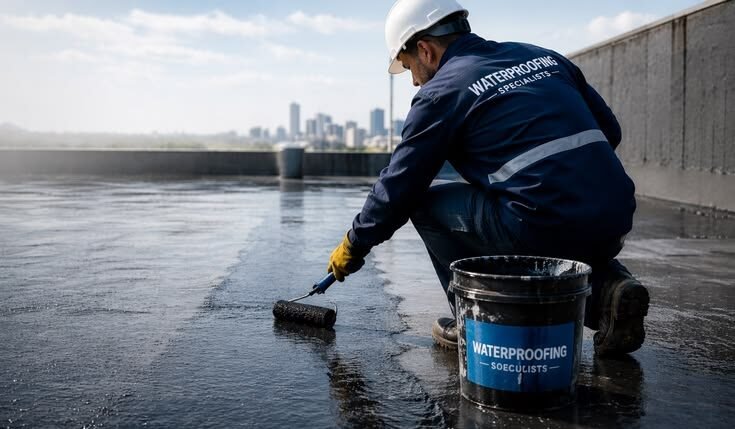 Technician applying waterproofing membrane